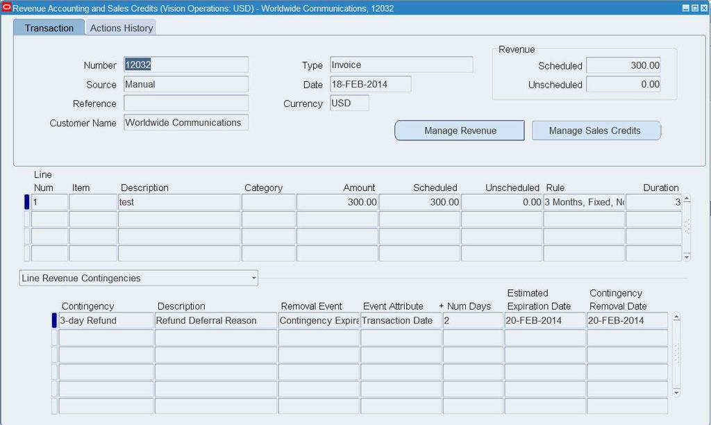 In addition to providing a view of the invoice line distributions, the sales credits, and line revenue contingencies, this screen also provides a mechanism to manually remove the contingency and thus