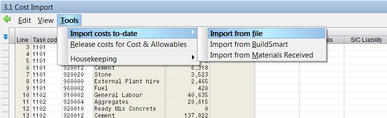 Select Tools > Import costs to-date > Import from file. Use the explorer to find the text file and import the file.