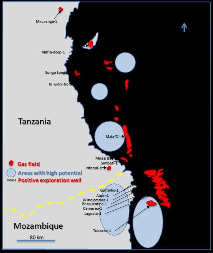 Mozambique / Tanzania: Gas discoveries and prospects 1974 1981 2006 2008 2009 Songo Songo-1: drilled by ENI in Tanzania Mnazi Bay-1: drilled by ENI in Tanzania Mkuranga-1: drilled by Maurel et Prom