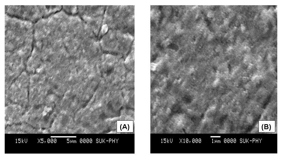 Fig. 3.13 The SEM micrographs of RuO 2 thin films at (a) X5,000 and (b) X10,000 magnifications. 3.B.2.6 Optical absorption study Inset of fig.3.14 shows the variation of optical absorbance (αt) RuO 2 thin films with wavelength (λ).