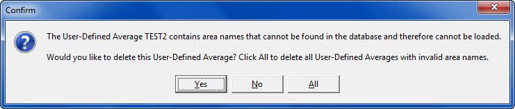 124 If the user attempts to select a User-Defined Average containing an invalid area name, then a message is displayed