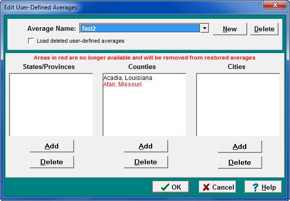In the Edit User-Defined Averages screen, a message states, "Areas in red are no longer available and will be removed