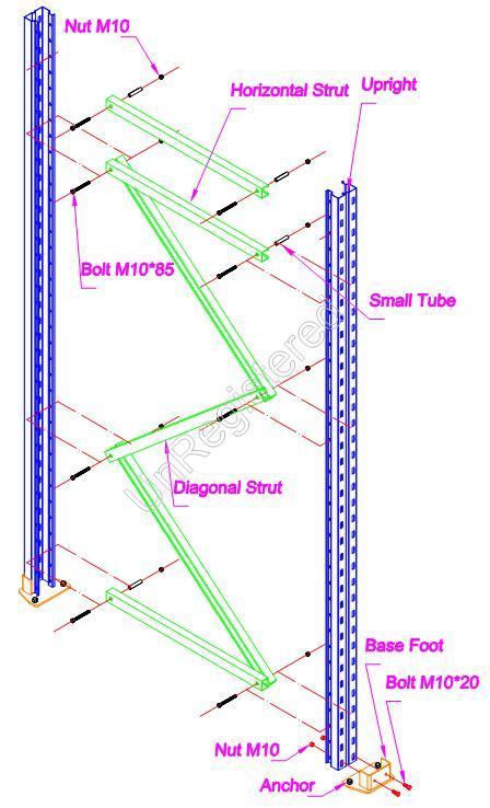 Frame Bracing: - Diagonal bracing using cold form C section steel profiles - are bolted in a warren pattern at 600/800mm centre using M10 x 65 high tensile nuts and bolts, throughout the height of