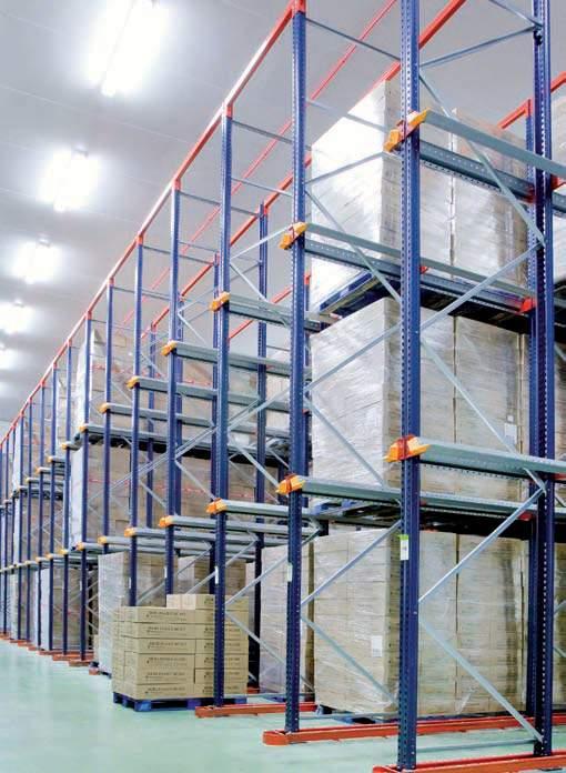 made up of a set of racking units that form inner loading aisles, with support rails for the pallets.