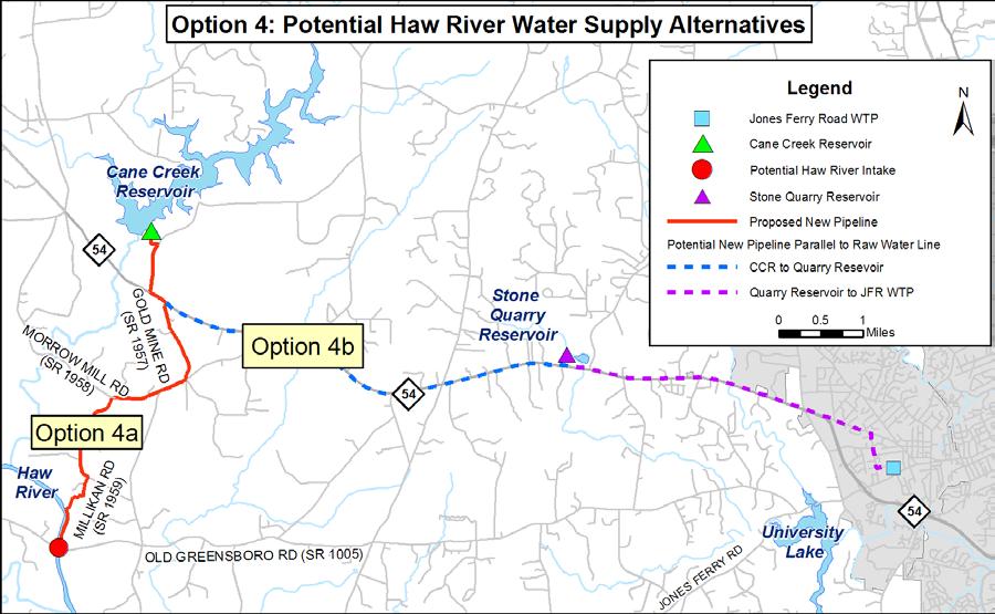 A pipeline from the Haw River to the Cane Creek Reservoir will require pumping against an elevation difference of about 150 feet and a total pumping head of about 200 feet (including friction losses)