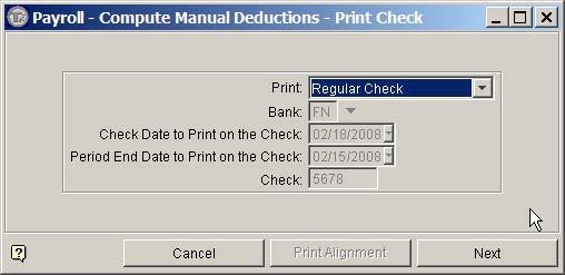 If you select Regular Check, the system prompts for printer information and prints the check immediately.