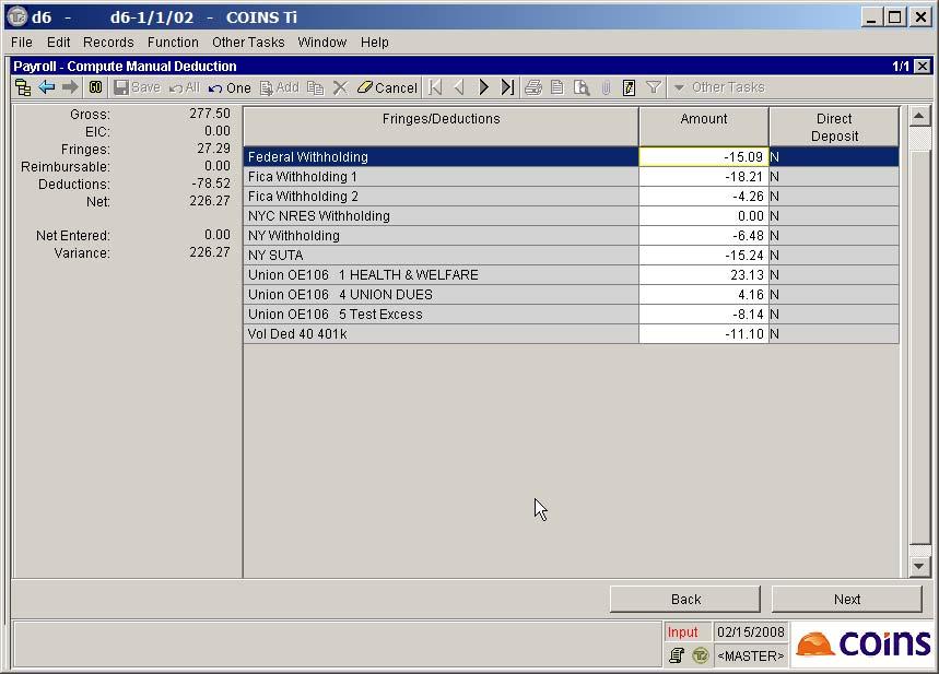 Figure 5: CMD Calculate Deductions 10. On the next screen, check the boxes for printing the check and creating the manual check.