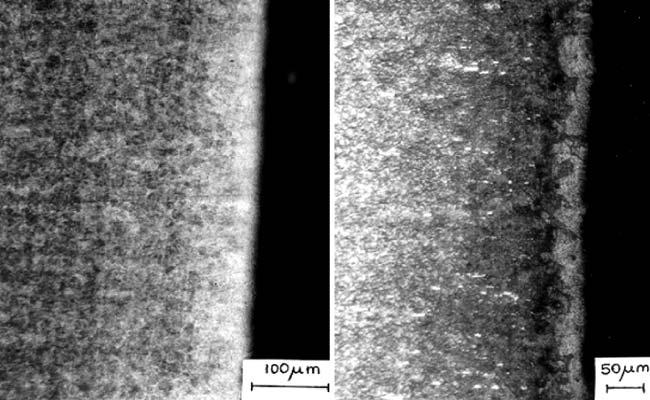 Fig. 1 Decarburized layer of 52100 (left) and 440C (right) at 200 magnification under heat treatment 3.