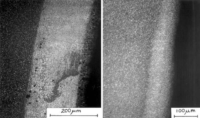 2 Decarburized layer of REX20 (left) and CRU80 (right) at 200 magnification under heat treatment 3.