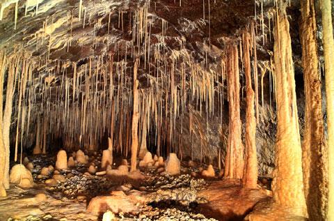 - Deposition (calcite) by groundwater in caves includes stalactites (on roofs of caves), stalagmites (on floor of