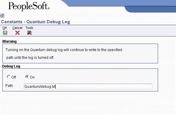2. On Quantum Debug Log, turn on the following Debug Log option: On 3. Enter the path and file name for the debug log in the following field and click OK.