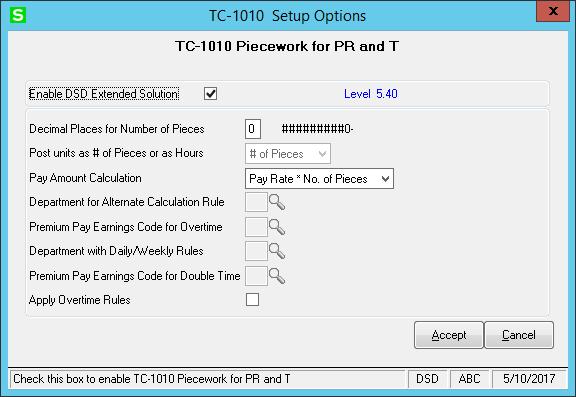 10 Piecework for Payroll & TimeCard Section C: Setup Upon completion of software installation, you will need to access the DSD Extended Solutions Setup from the TimeCard Setup menu.