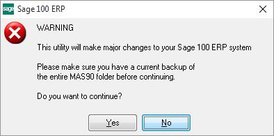 26 Piecework for Payroll & TimeCard The following message box will appear, to remind you that a complete backup of your entire Sage 100 system should be completed prior to uninstalling a DSD product.