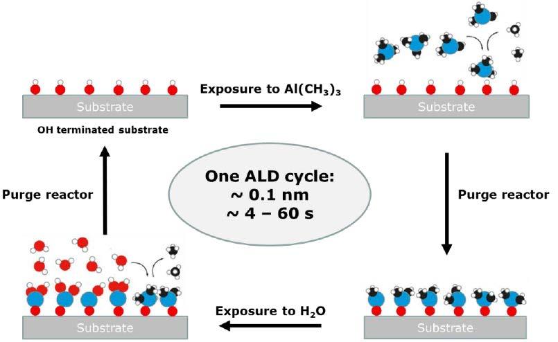 Atomic Layer Deposition (ALD) principle ALD is cyclic exposure of different precursors separated by purge cycles Thickness control on