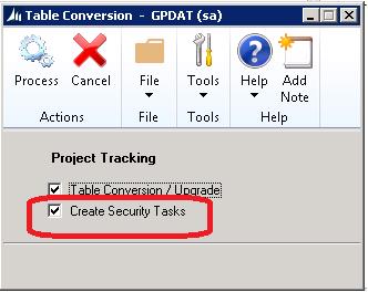 The security Tasks being created for each window or section of Project Tracking.