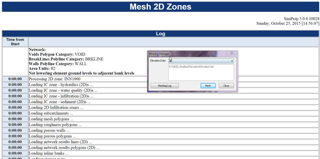 The Mesh log in InfoSWMM 2D for a Mesh created from a TIN or DEM o The meshing process in