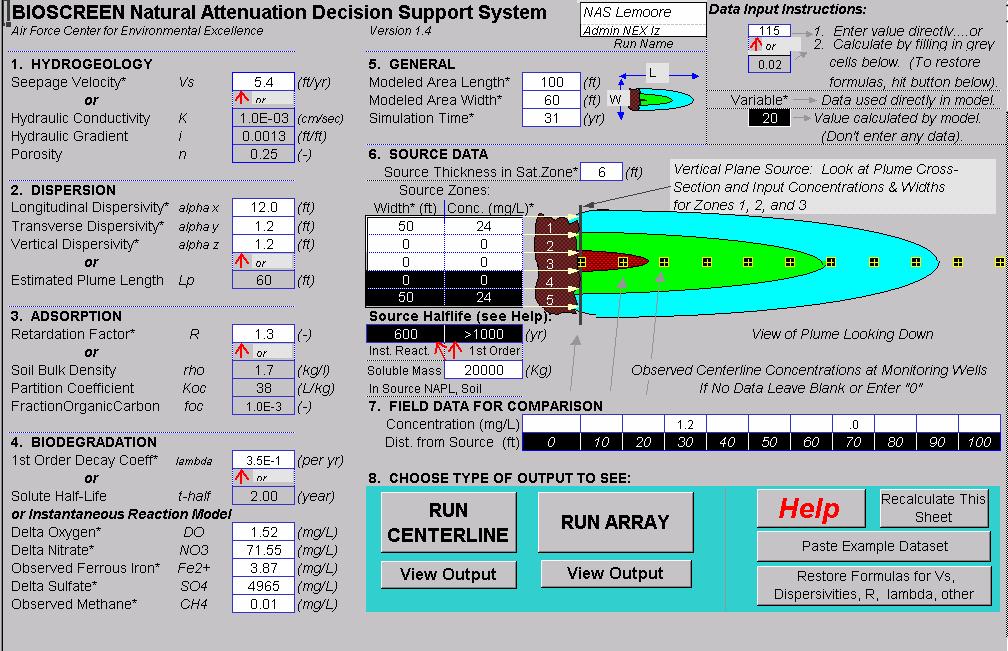 FIGURE 2 BIOSCREEN NATURAL ATTENUATION DECISION SUPPORT SYSTEM (BIOSCREEN Parameter Input Page explanation of cell shading in upper right corner) 3.