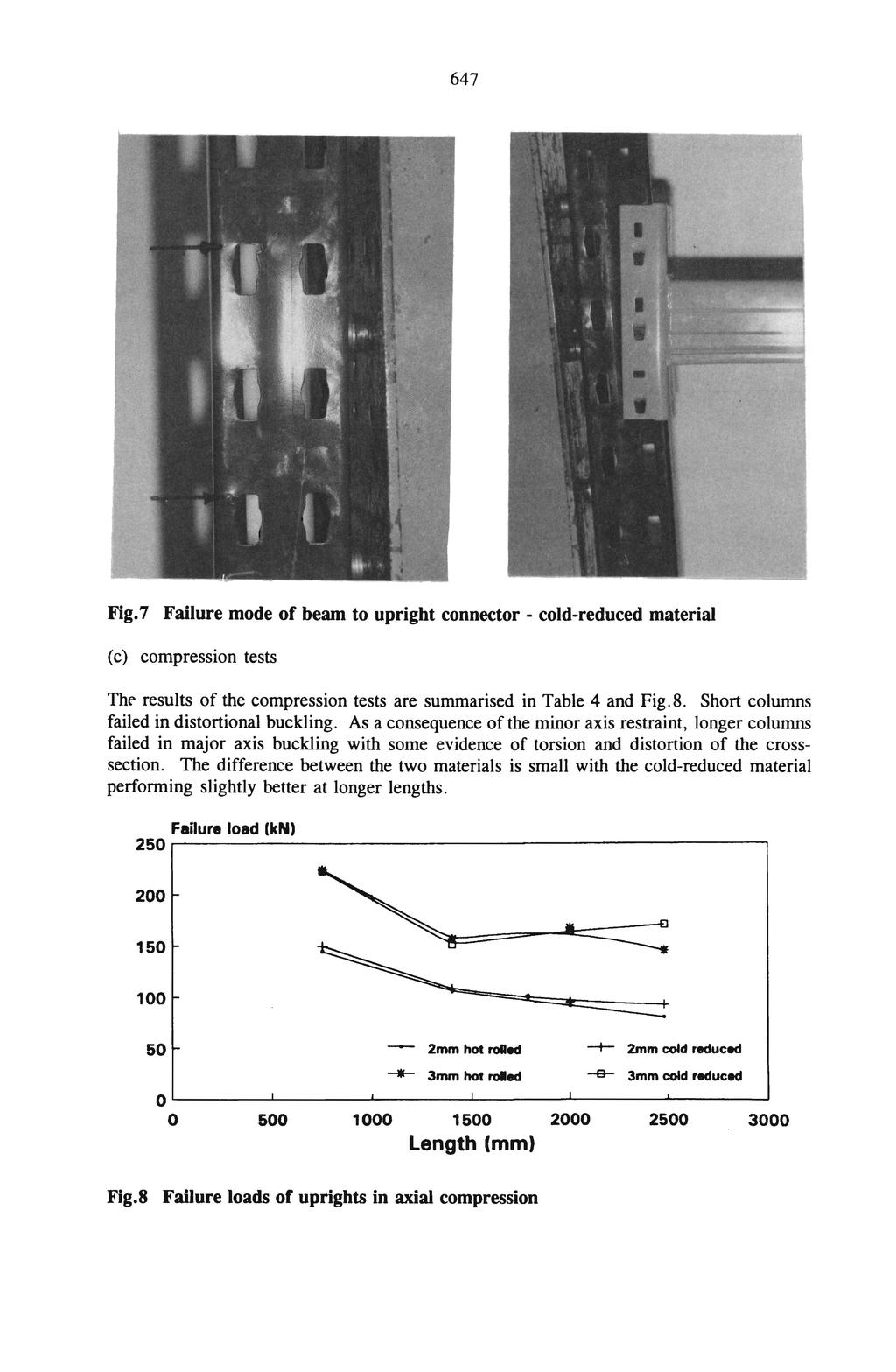 647 Fig.7 Failure mode of beam to upright connector - cold-reduced material (c) compression tests Thf" results of the compression tests are summarised in Table 4 and Fig.S.