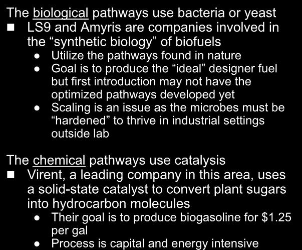 Technologies Include Both Biological and Chemical Pathways The biological pathways use bacteria or yeast LS9 and Amyris are companies involved in the synthetic biology of