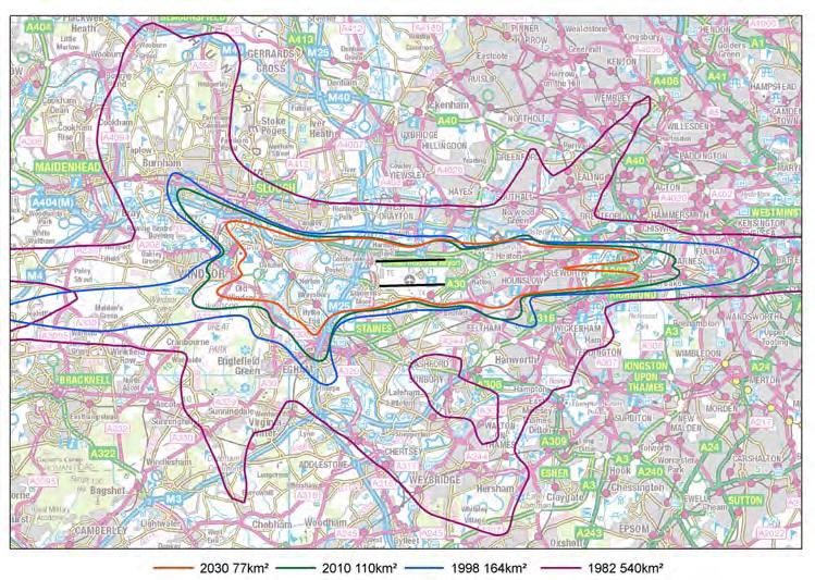 by as much as 40 per cent by 2030. Source:. The modelled 57dB Noise Contour at Heathrow for 1982, 1998, 2010 and 2030.