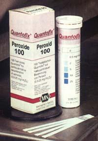 Figure 13.2 Quantofix peroxide test sticks. These strips are colorimetric, and can detect peroxides at a range of 1-100 mg/l.