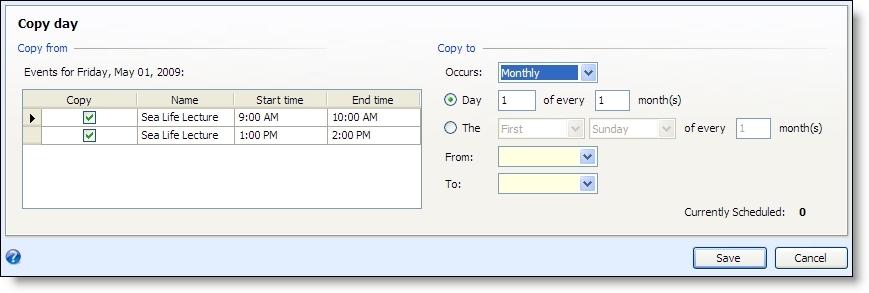 PROGRA M EVENTS 201 4. Under Copy from, the event grid lists each event on the selected day. By default, all events are selected. If you do not want to copy an event from that day, clear its checkbox.