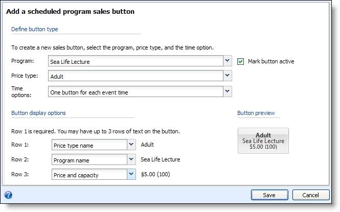 51 CHAPTER 1 Create Scheduled Program Buttons You configure scheduled program buttons to sell tickets to schedule programs on the Daily Sales page.