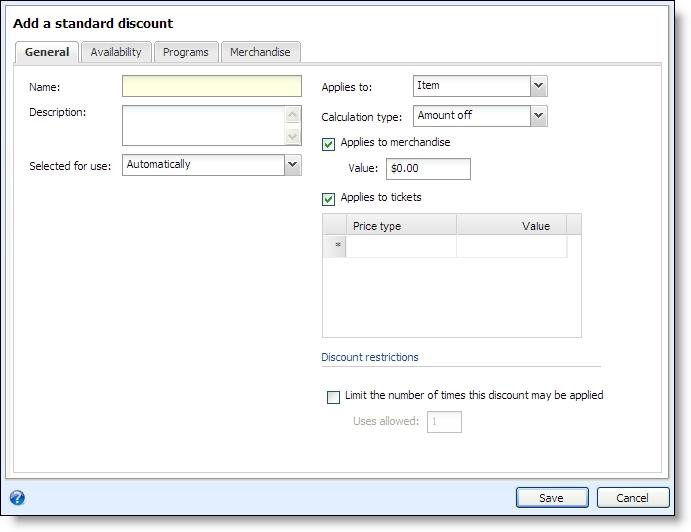 DISCOUNTS A ND PROM OTIONS 67 2. Click Add and select Standard. The Add a standard discount screen appears.