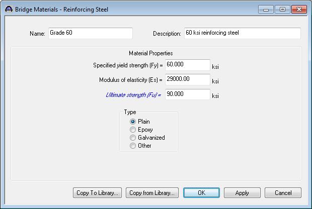 Click on the Copy from Library button to open the Reinforcing Steel Materials Library Data window.