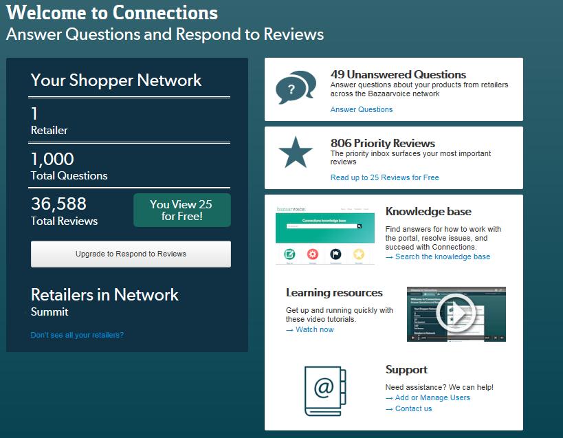 Welcome to Connections Once you ve logged into the Connections portal, you will be directed to the welcome screen. Here you will see a summary of the questions and reviews for your brand.