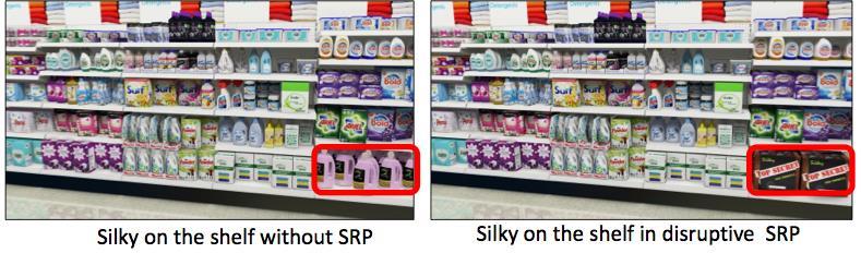 Draw the attention of the shoppers to your (new) product by disruptive SRP Draw the shoppers attention to the new product Silky during their normal shopping Use