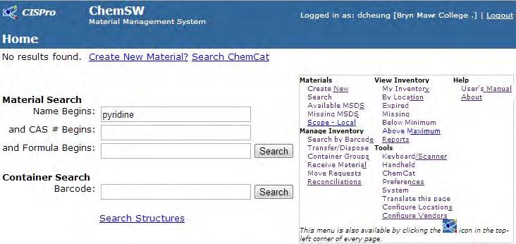 3. Inventory Figure 2. Home page of ChemSW CISPro Live a. Searching the inventory i. By chemical 1.