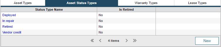CREATE AN ASSET STATUS TYPE In the following example, four asset statuses are created. Asset status is optional when you create a new asset. 1. On the toolbar, click Setup. 2. Click Assets > Types. 3.