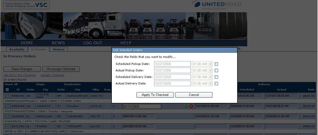 Bulk Checked To update pick and delivery date on multiple orders use the Check All function. Select all selects the orders displayed.