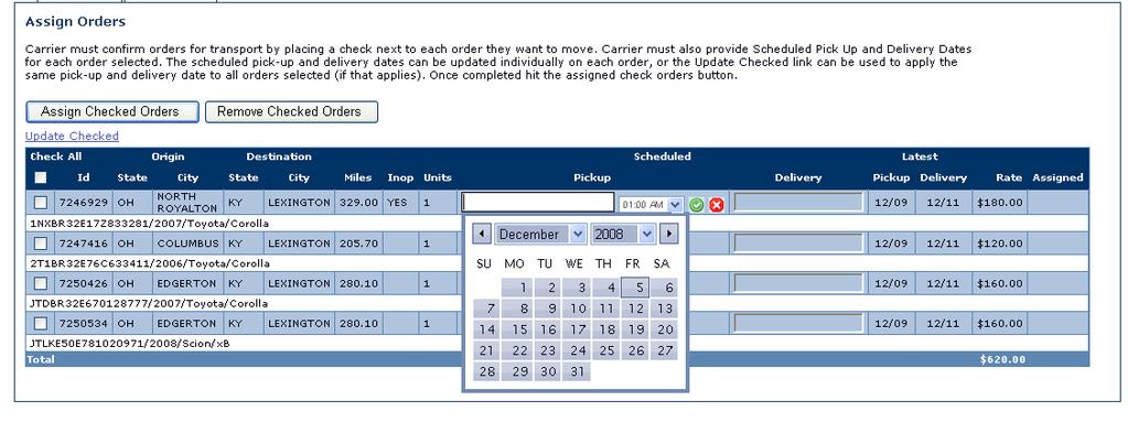See figure 4 Figure 4 For example to specify the pick up and delivery dates,