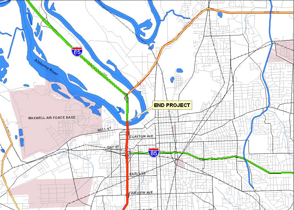 Figure B-2 shows recently completed I-65 construction projects in the Montgomery area.