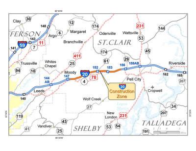 Figure B-3 maps a project to add lanes on I-20 in St. Clair County planned for completion in the summer of 2013.