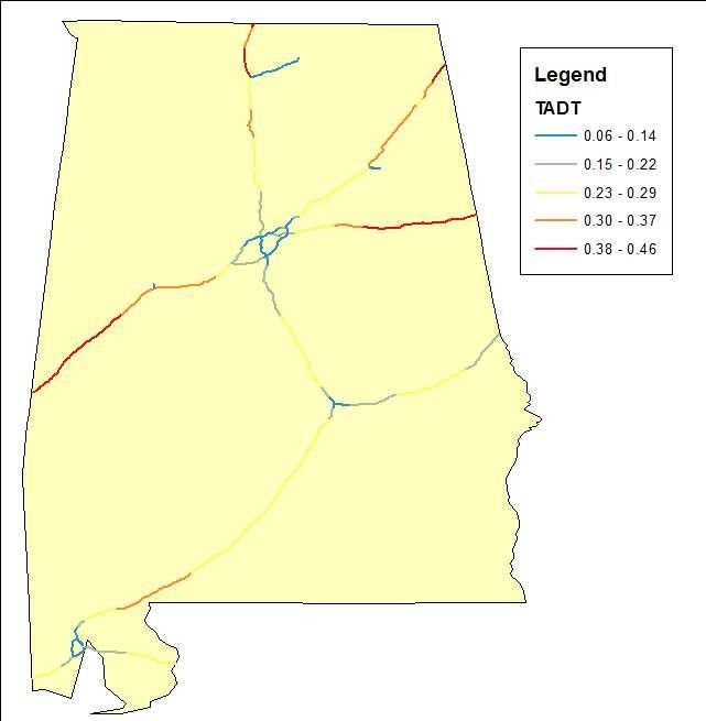 Figure D-4 shows the percentage of traffic that trucks comprise on interstate roadway in Alabama. Inside urban areas, passenger cars are a larger portion of the traffic flow.