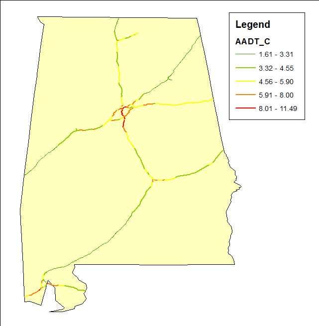 Figure D-5 shows the Average Annual Daily Traffic to Capacity ratios statewide.