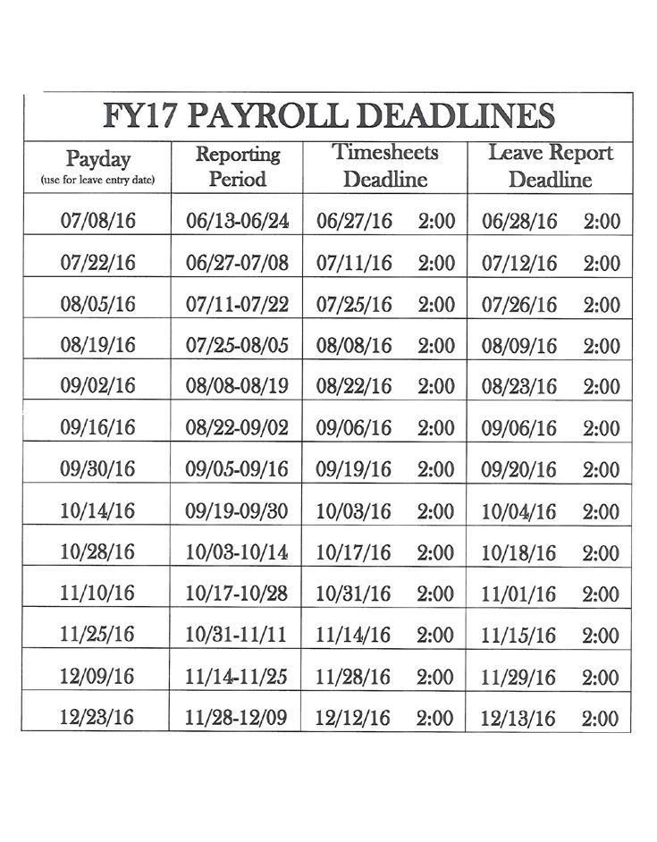 Reporting Period The Payroll Department issues an annual Payroll Deadline calendar that shows the individual reporting periods. Secretaries will gather Employee Leave Request, Hourly Timesheets, etc.