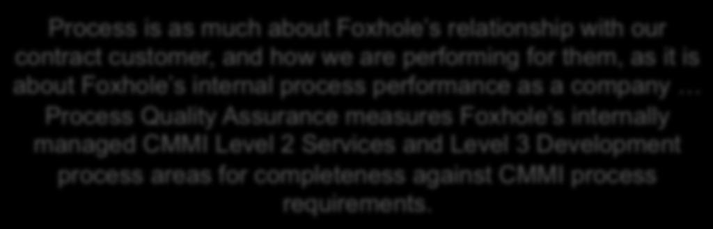 Specific Goal 1: Objectively evaluate processes and work products Specific Goal 2: Provide objective insight Process is as much about Foxhole s relationship with our