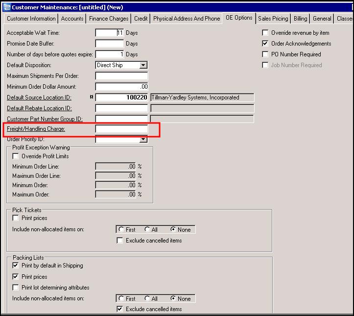 Setting It Up Applying the Freight Adder/Handling Charge to a Customer (Customer Maintenance) Navigation Path: Accounts Receivable > Customer Maintenance > OE Options tab To
