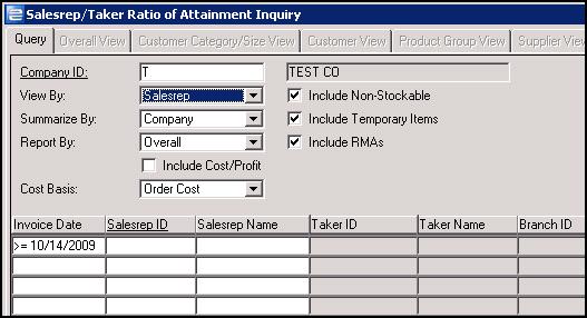Continuous Improvement Salesrep/Taker Ratio of Attainment Window Navigation Path: Order Processing > Inquire > Salesrep/Taker Ratio of Attainment When is enabled, the Salesrep/Taker Ratio of