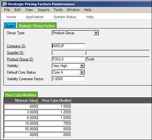 Setting It Up Defining Factors ( Factors Maintenance) The Factors Maintenance window is where you define the Visibility factor, Price Cube Modifiers, and Default Core Status for the grouping strategy