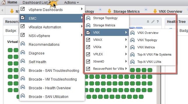 Chapter 2: Integrated and Intelligent Operational Monitoring As shown in Figure 8, ESA enables the following default dashboards in the vrealize Operations Manager custom portal: Storage Topology