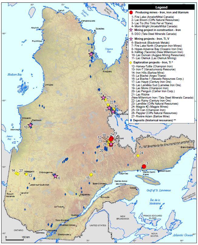 Iron Ore projects Québec leader in iron ore production Production 2014: ~30M tonnes (concentrate and pellets, 66% Fe) Labrador Trough Major geological feature Proven quality of ore Huge development