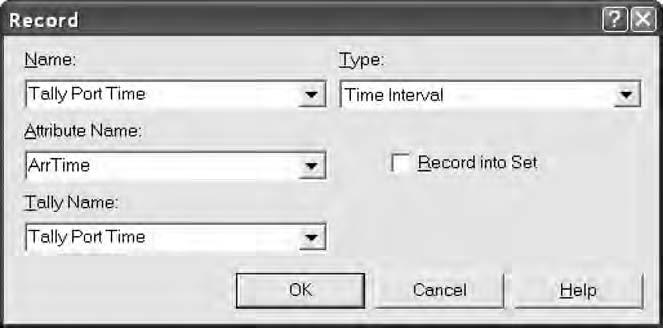 328 Modeling Transportation Systems Figure 13.21 Dialog box of the Record module Tally Port Time.