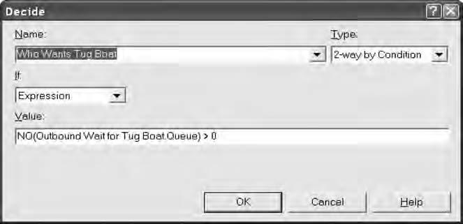 Modeling Transportation Systems 323 Figure 13.11 Dialog box of the Decide module Who Wants Tug Boat. field.