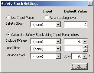 To change the safety Stock options, click the Change Settings button. The Safety Stock Settings screen displays.