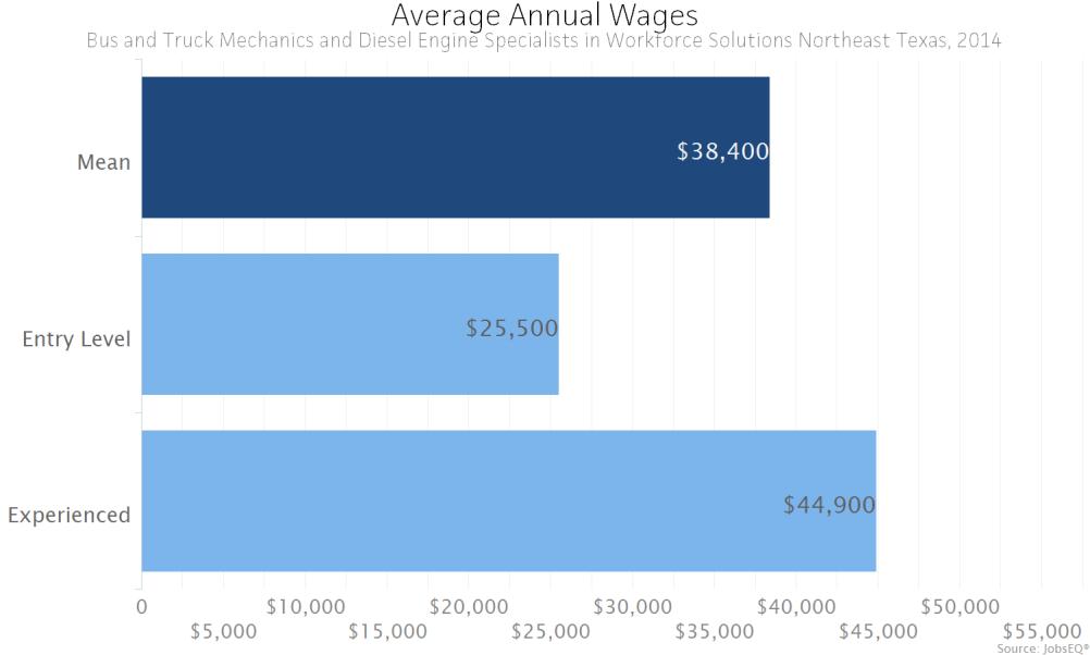 Wages The average (mean) annual wage for Bus and Truck Mechanics and Diesel Engine Specialists was $38,400 in the Workforce